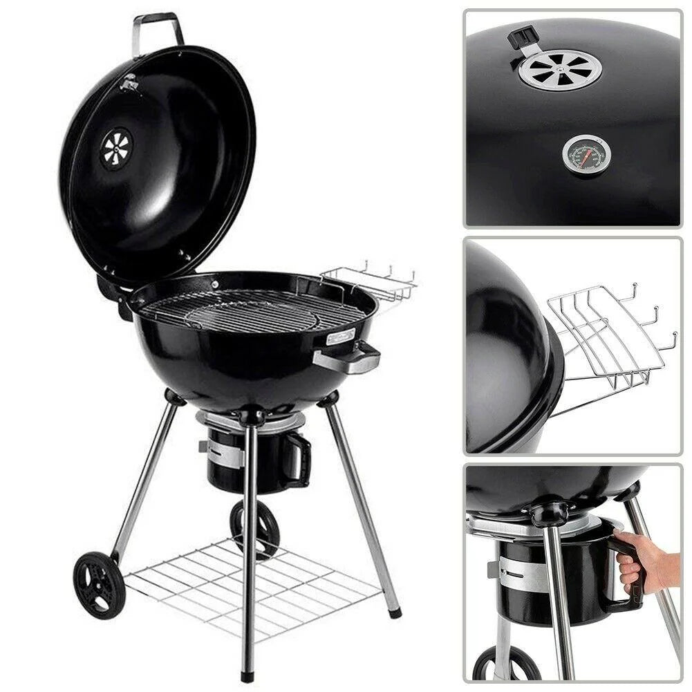 22-calowy przenośny grill węglowy beczkowy/czajnikowy na kółkach do grillowania, na kemping, do ogrodu i kuchni zewnętrznej