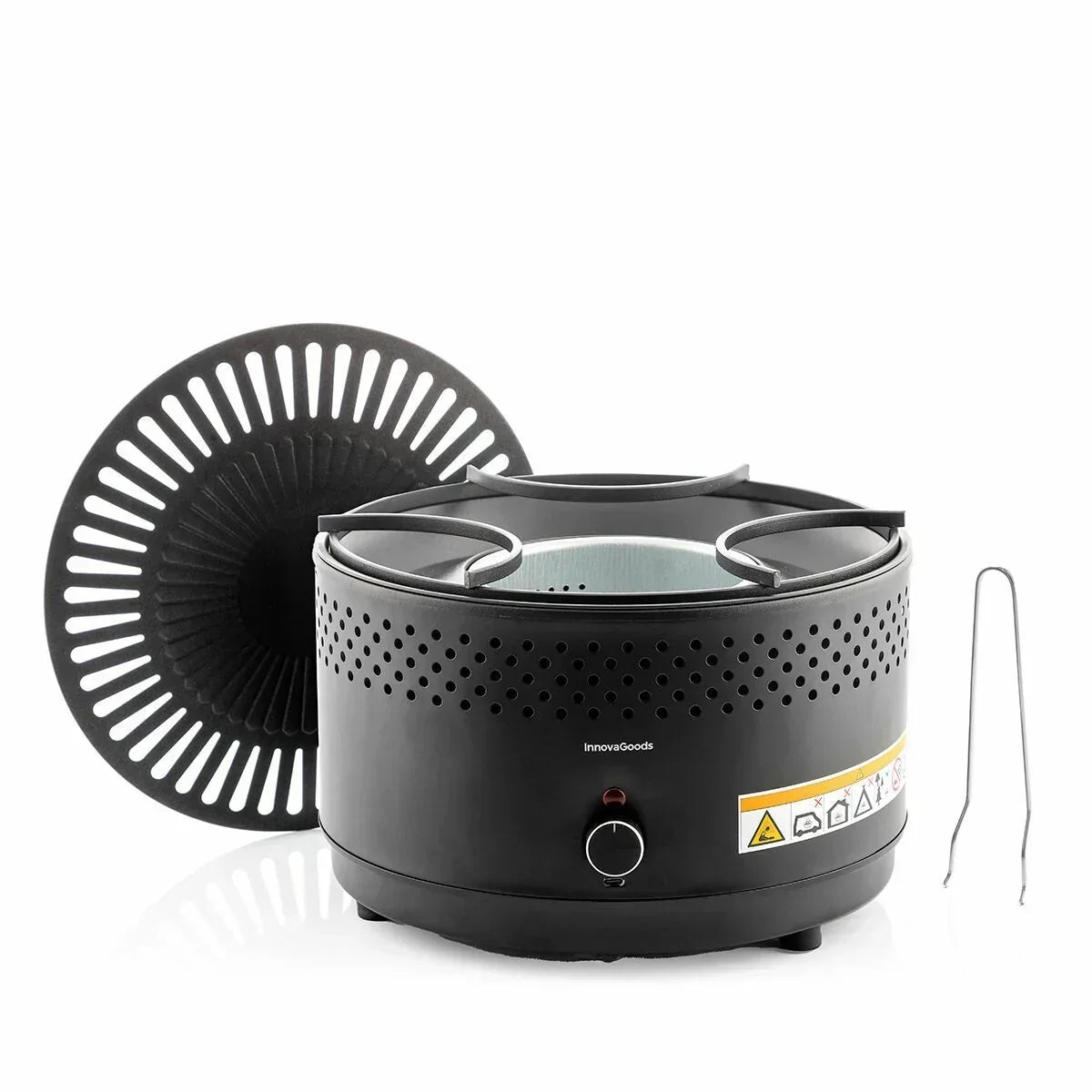 InnovaGoods Przenośny Grill Węglowy Bezdymny Żeliwny Ø28,5 x 18 cm, Ø28,5 x 18 cm Czarny
