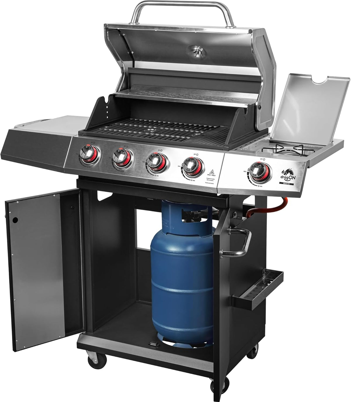 BROWIN® dragON BBQ101 | Grill Gazowy | BBQ | Wielofunkcyjny | Stal nierdzewna | Grill na 4 kółkach | 4 Palniki Główne | Palnik Boczny | 60 x 36,5 cm | 11,7 kW | Czarno-Srebrny