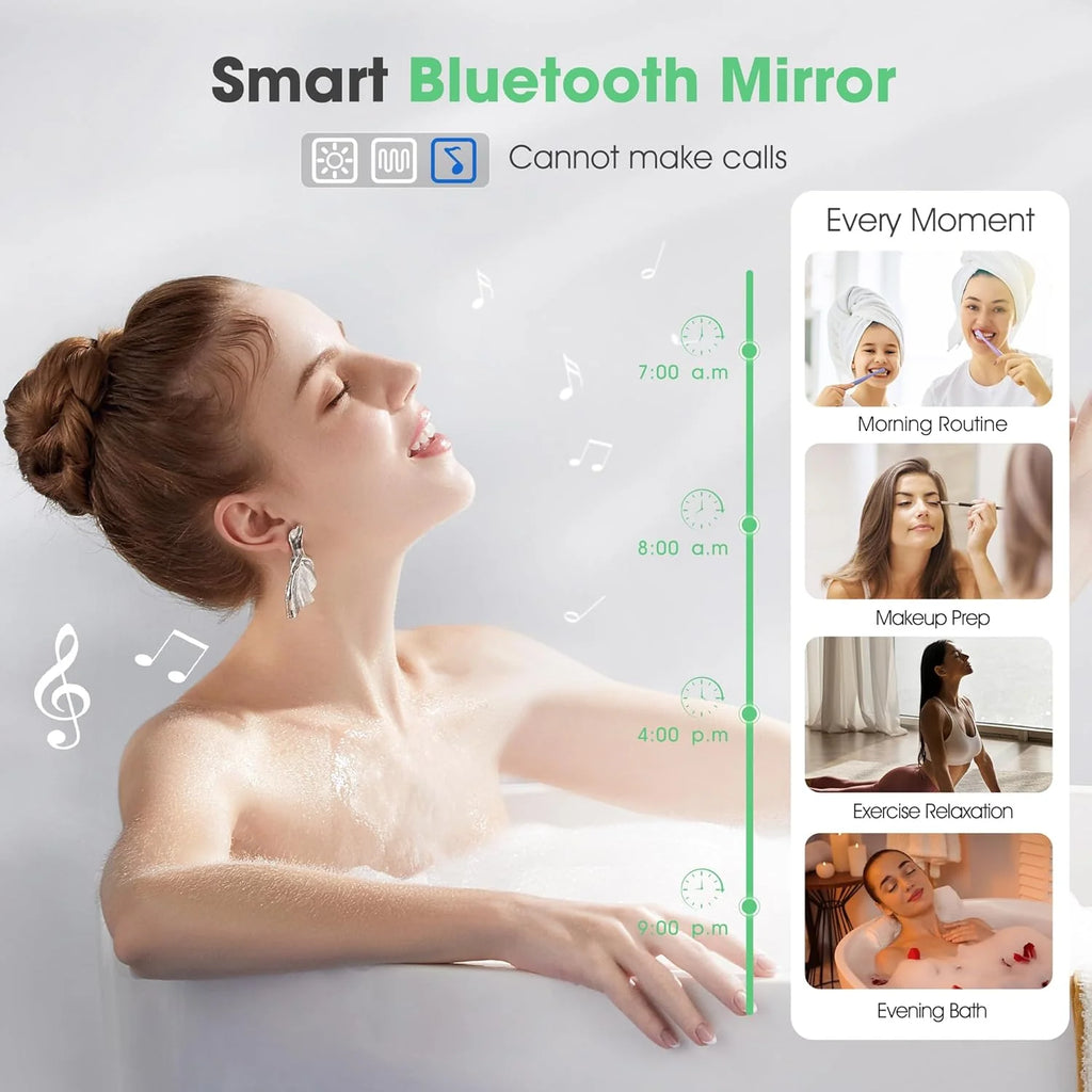 S'bagno Lustro łazienkowe z podświetleniem 100x70cm, Lustro łazienkowe LED Bluetooth, Antypara, 3 kolory, Możliwość ściemniania, Pamięć, Szkło hartowane HD, Wodoodporne IP44, Pionowo/Poziomo