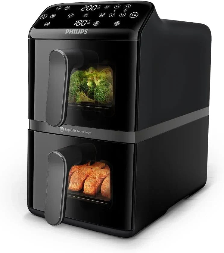 Philips Airfryer seria 4000 Podwójny pionowy kosz 10 l – Technologia RapidAir, synchronizacja, 2 kosze jednocześnie, 45% mniej miejsca, powłoka ceramiczna bez PFAS, okienka podglądu (NA460/00)