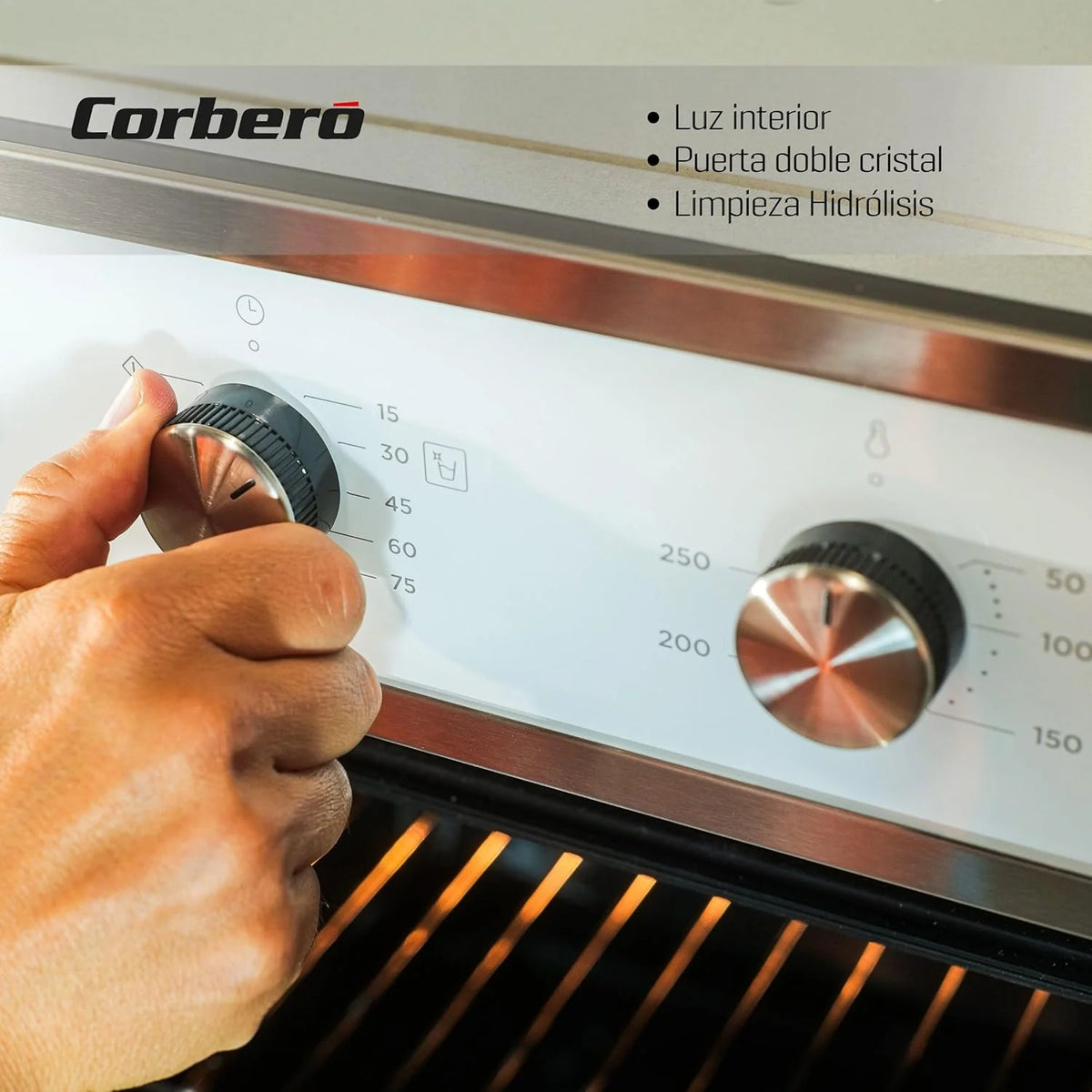 Corberó - Piekarnik konwekcyjny 70L | CCHM603W | 60x60x58 cm | Konwencjonalny z 4 programami | Oświetlenie wnętrza | Czyszczenie hydrolityczne | Podwójne szklane drzwi | 2100W | Biały profil Inox
