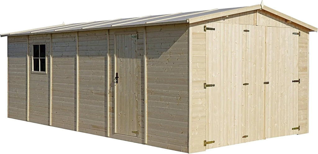 Garaż drewniany naturalny - szopa z drewna sosnowego/świerkowego - A222x616x324 cm / 18 m² - Konstrukcja panelowa - Warsztat ogrodowy - Garaż samochodowy, szopa na narzędzia - TIMBELA M102