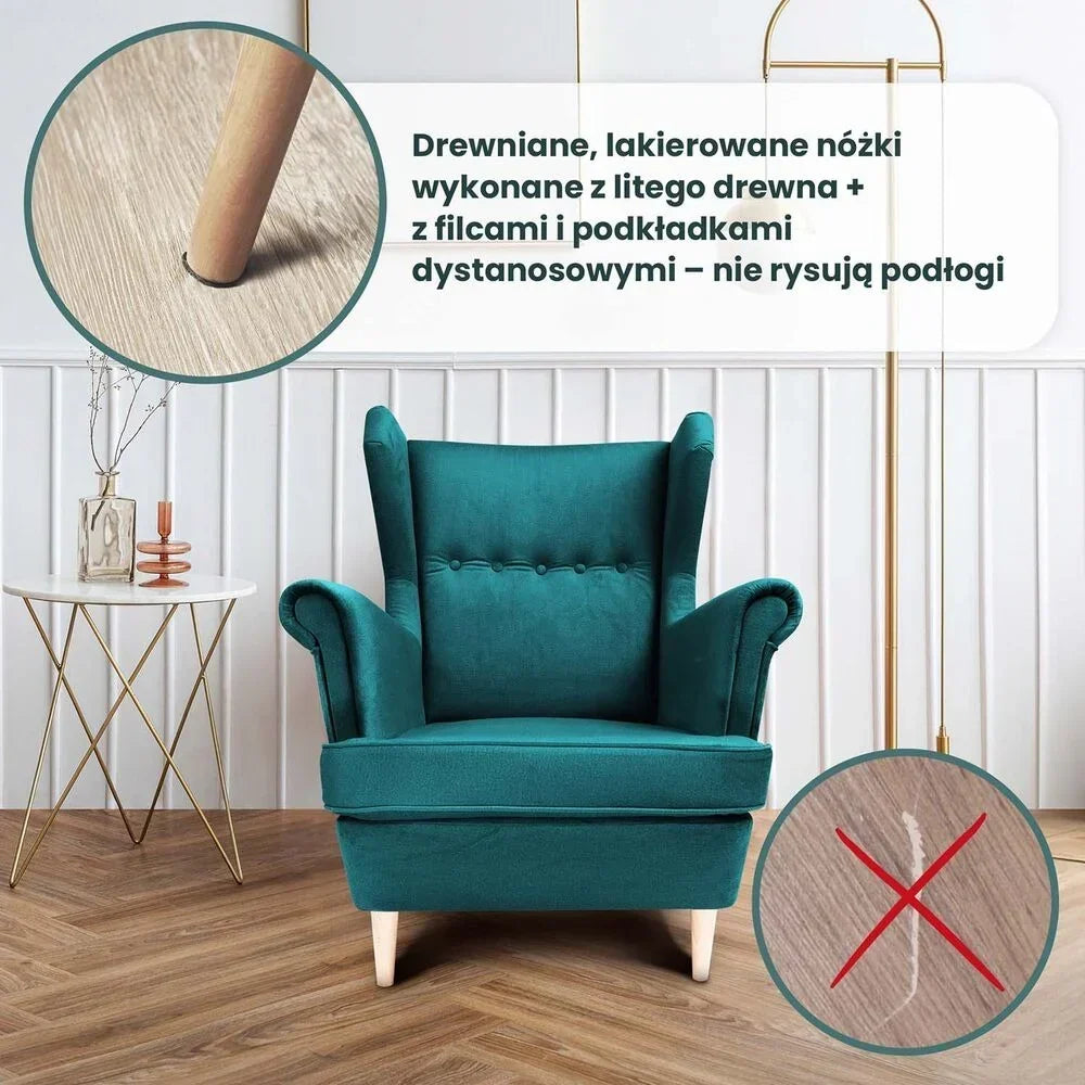 Green Jane wingback armchair with footstool