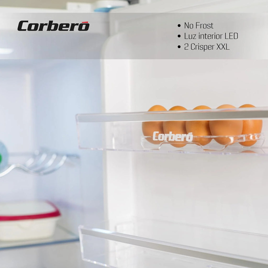 Corberó - Lodówka Jednodrzwiowa | CCLH18524NFW | 65x59,5x185 | Pojemność 359L | No Frost | Wyświetlacz na Drzwiach | Oświetlenie LED | 2 Szuflady XXL na Warzywa | Fresh Box | 4 Półki na Butelki | Uchwyt Easy Open | 40 Db | Inox