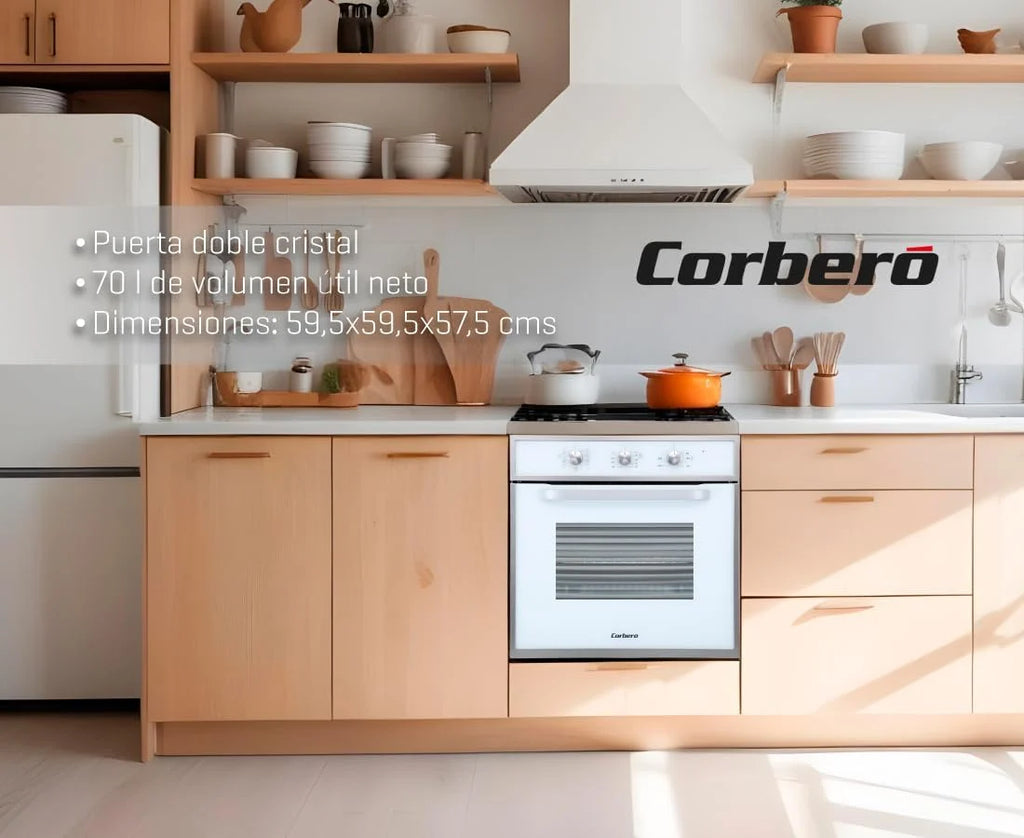 Corberó - Piekarnik konwekcyjny 70L | CCHM603W | 60x60x58 cm | Konwencjonalny z 4 programami | Oświetlenie wnętrza | Czyszczenie hydrolityczne | Podwójne szklane drzwi | 2100W | Biały profil Inox