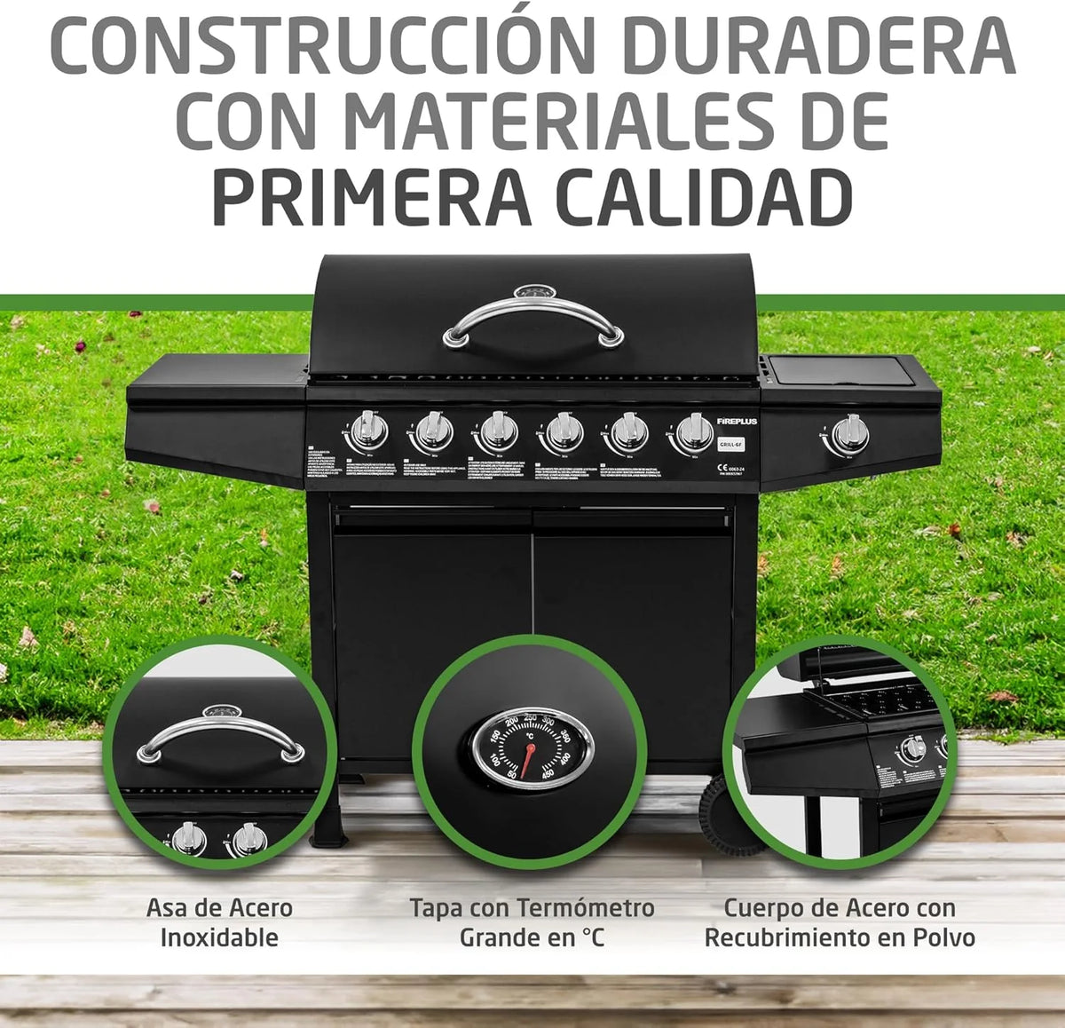 Amig - Grill gazowy Fireplus 6+1 o mocy 12,9 kW - Czarna stal nierdzewna - Ruszt na kółkach Model GRILL-6F - Grill XXL z wózkiem i termometrem - 138x52x103 cm - 7 palników i boczna półka