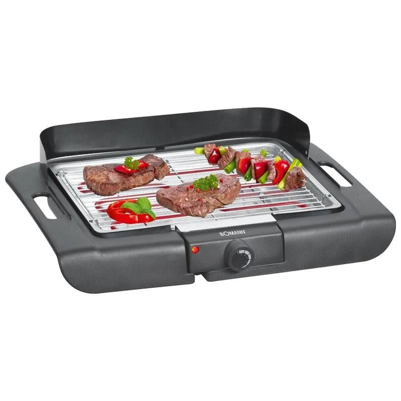 Grill elektryczny, chromowany ruszt 36 x 25 cm, termostat, osłona przeciwwiatrowa, tacka ociekowa, czarny, 2000 W Bomann BQ 2243 CB