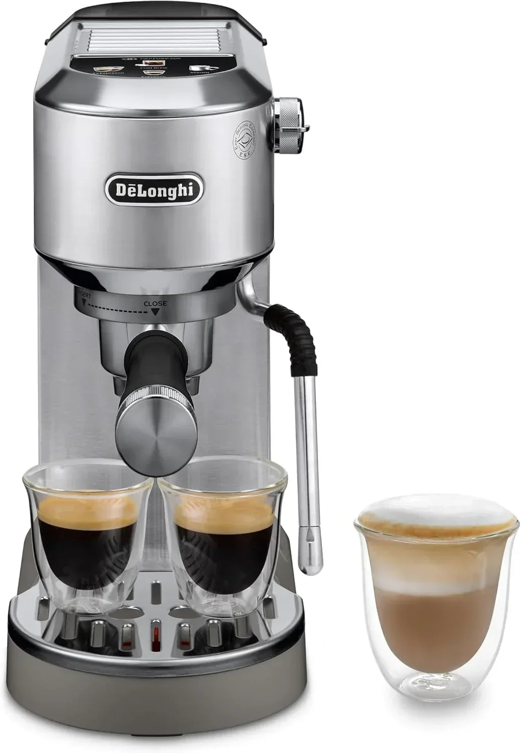 De'Longhi Dedica – Ekspres Kolbowy do Kawy Mielonej lub w Saszetkach, Espresso i Cappuccino, Zbiornik 1.3 Litra, System Anti-Drip, Model EC685.M, Kolor Metaliczny