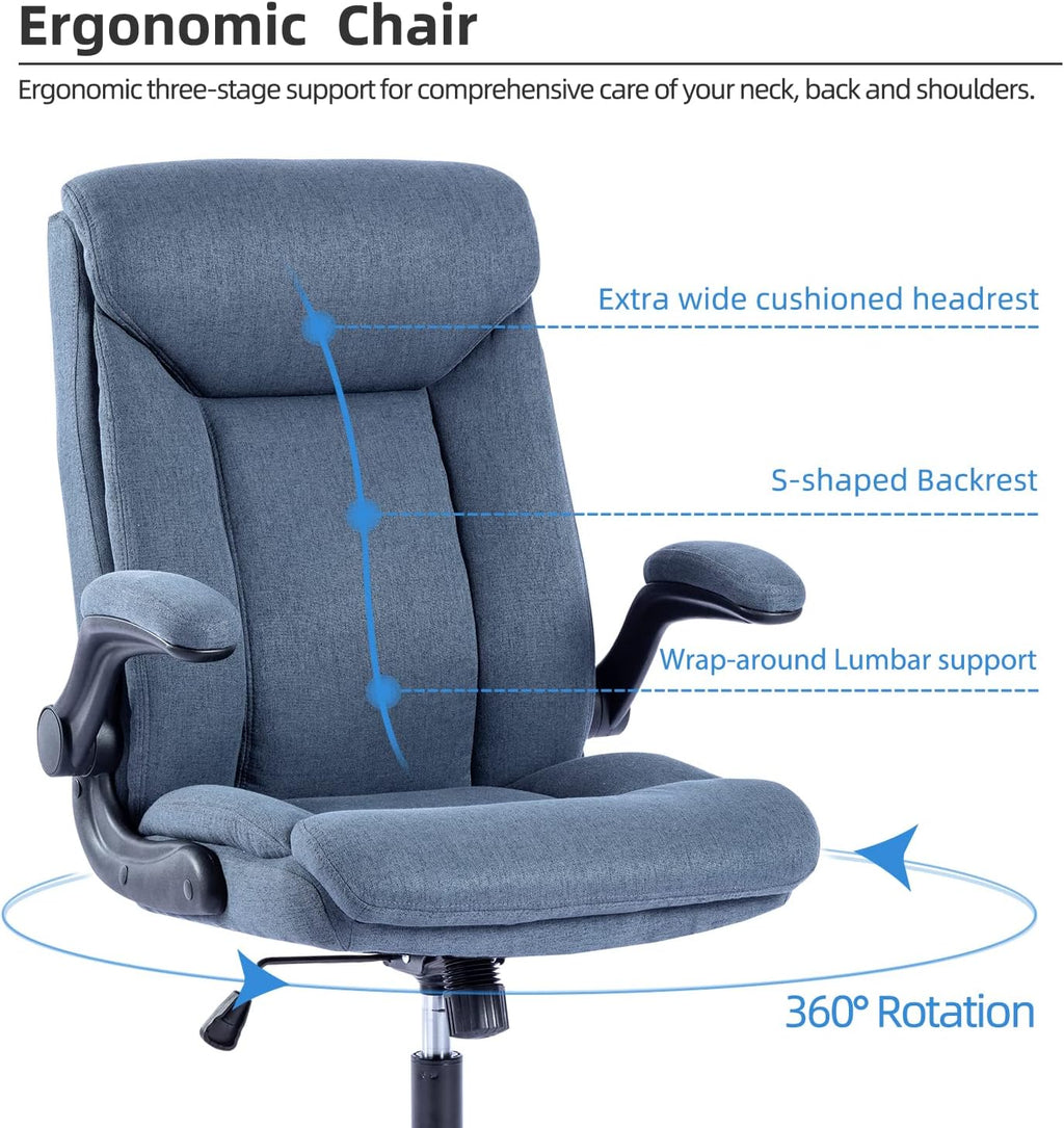 Ergonomiczne krzesło biurowe, krzesło do komputera, obrotowe krzesło robocze ze składanym podłokietnikami, regulacja wysokości, wygodne, do biura, domu, gier (szary materiał) (Czarny)