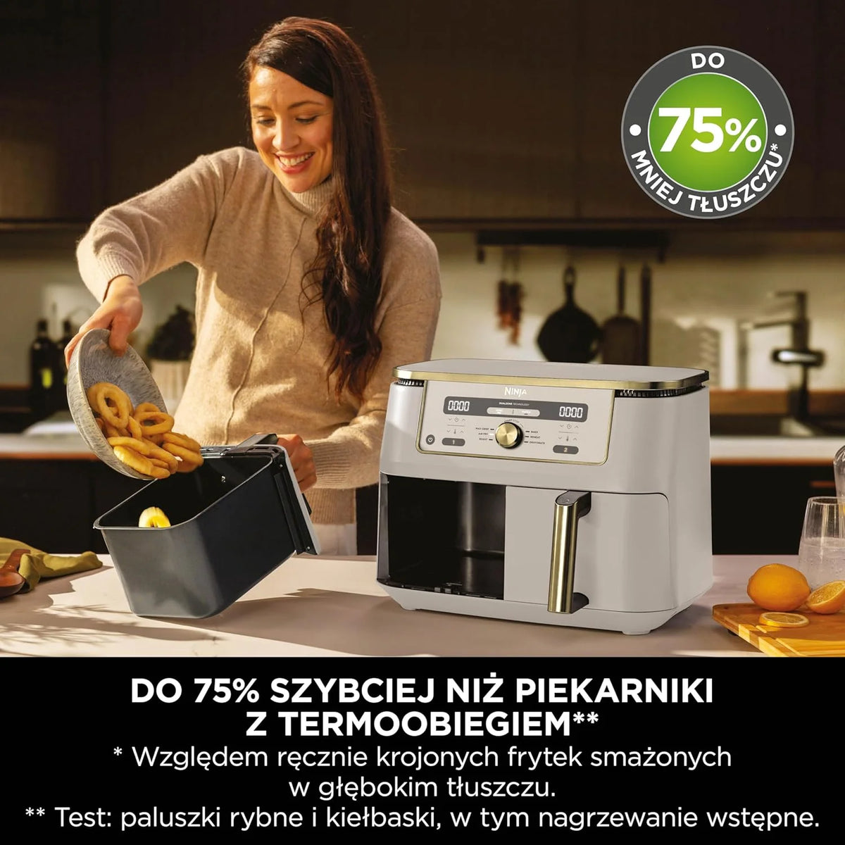 Ninja MAX Dwustrefowa frytownica, 2 szuflady, 9,5 l, zero oleju, Air Fry, Max Crisp, Roast, Bake, Reheat, Dehydrate, nieprzywierające kosze do mycia w zmywarce, Złoty odcień kamienia, DZ400EUSTGD