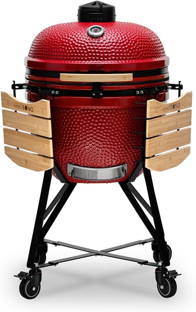 Kamado BONO BBQ -  Grill Kamado Grande XXL z 10 akcesoriami - Ø 64 cm Grill Kamado z akcesoriami - Wędzarnia w kolorze czerwonym na taras, balkon lub do ogrodu