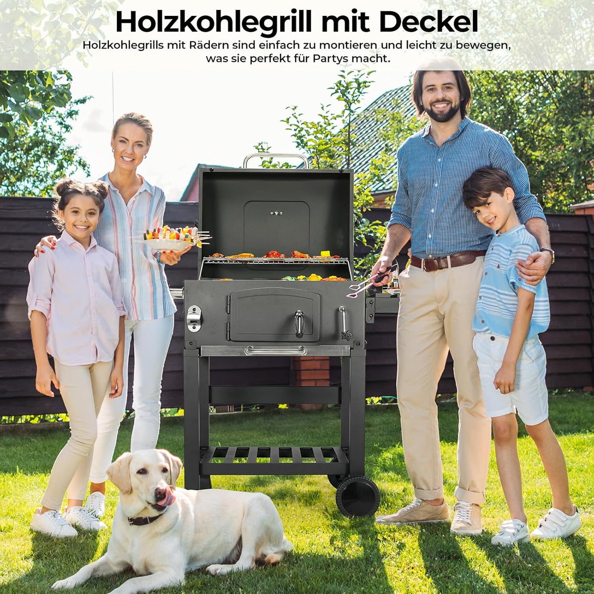Grill Węglowy XXL, Grill Węglowy z Kominem i Pokrywą, Grill Wózkowy BBQ Smoker z Kółkami i Termometrem, Duży Grill Węglowy do Biwakowania i Ogrodu