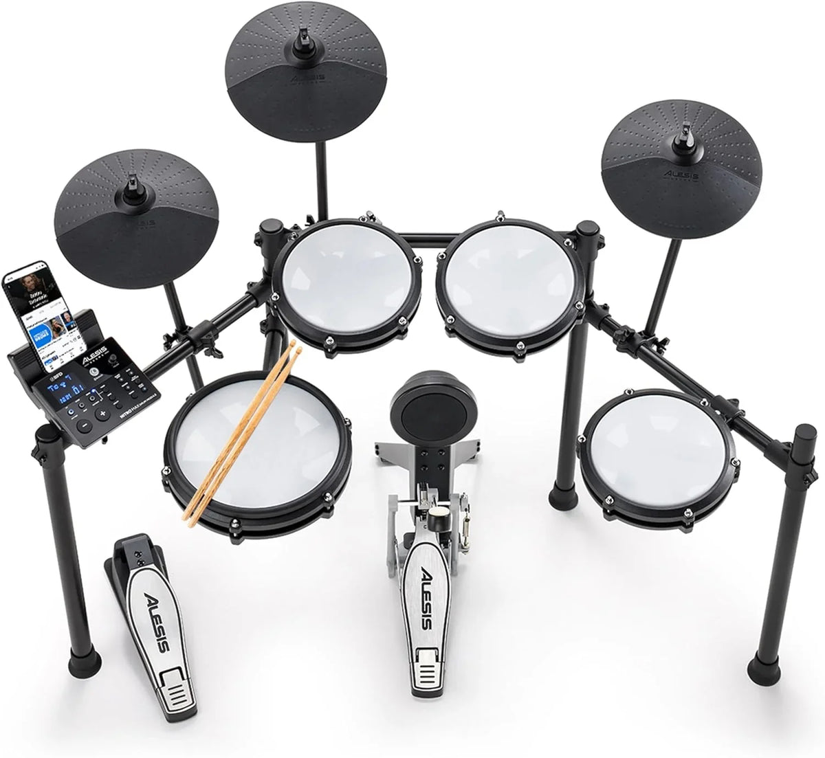 Alesis Nitro Max Kit – Elektroniczna perkusja z cichymi naciągami siateczkowymi, dwustrefowym padem werbla 10", Bluetooth, 440+ autentycznych brzmień, lekcjami Drumeo, USB MIDI, pedałem stopy