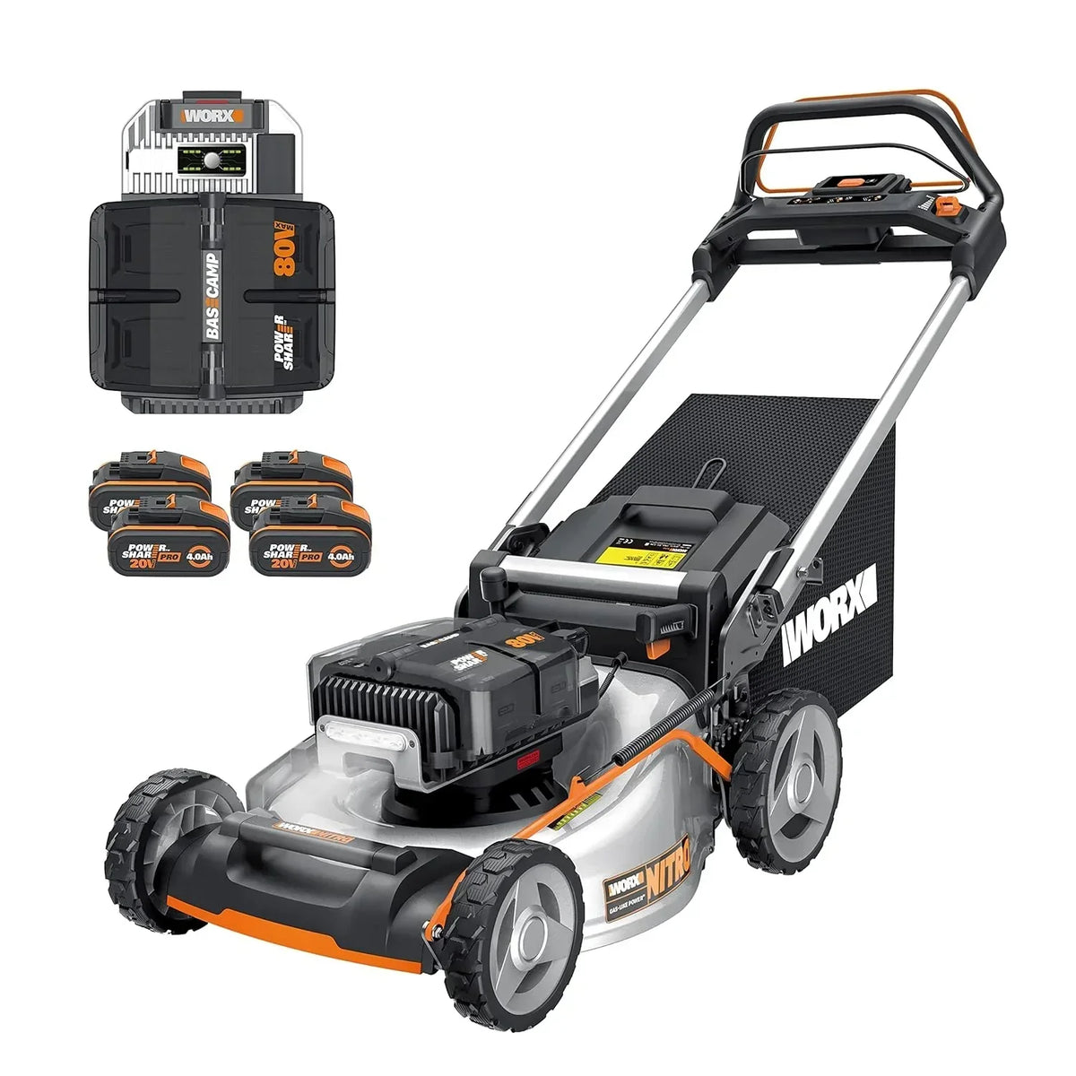 Kosiarka WORX WG737E Nitro z akumulatorem 40 V (2 x 20 V), mocny silnik bezszczotkowy, szerokość koszenia 37 cm, 6-stopniowa regulacja wysokości koszenia (20–70 mm), kosz na trawę 40 l