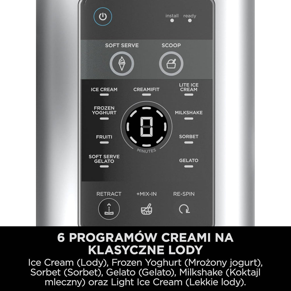 Ninja CREAMI Scoop & Swirl maszynka do lodów z 2 pojemnikami, 13 funkcji, przygotowuje lody, lody włoskie, gelato, sorbety, koktajle mleczne i inne desery, opcja dodatków, Srebrny, NC701EU