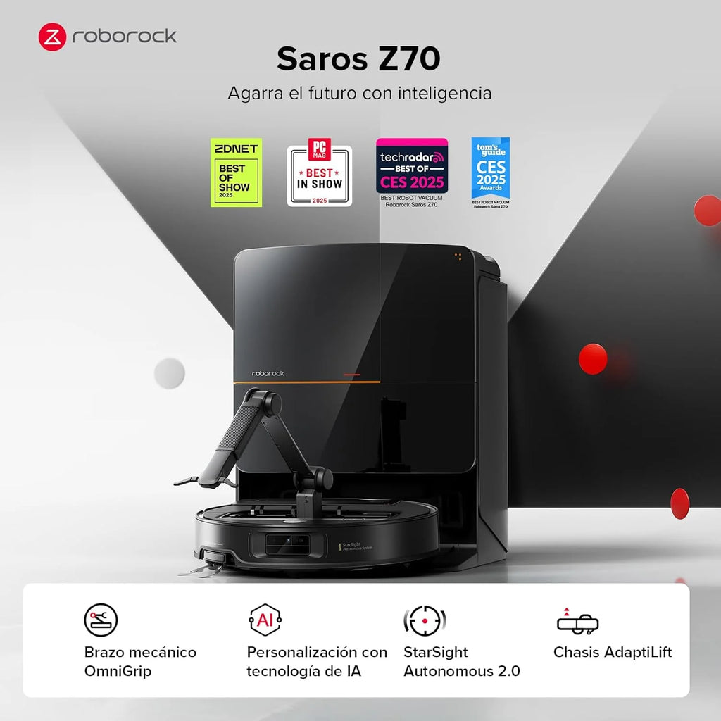 roborock Saros Z70 Robot odkurzający z 5-osiowym składanym ramieniem OmniGrip, siłą ssania 22000 Pa, podwójnym systemem zapobiegającym plątaniu się, ultracienką konstrukcją 7,98 cm i możliwością omijania 108 rodzajów przeszkód, czarny