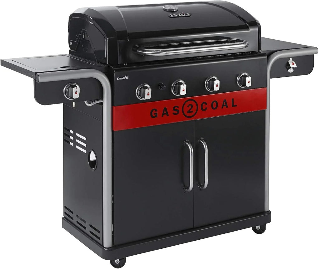 Char-Broil Grill Gazowy Gas2Coal 2.0 440 - 4-palnikowy grill hybrydowy z 2 opatentowanymi tackami na węgiel, 2 dużymi drzwiami - Idealny do gotowania na zewnątrz, do ogrodu i na patio