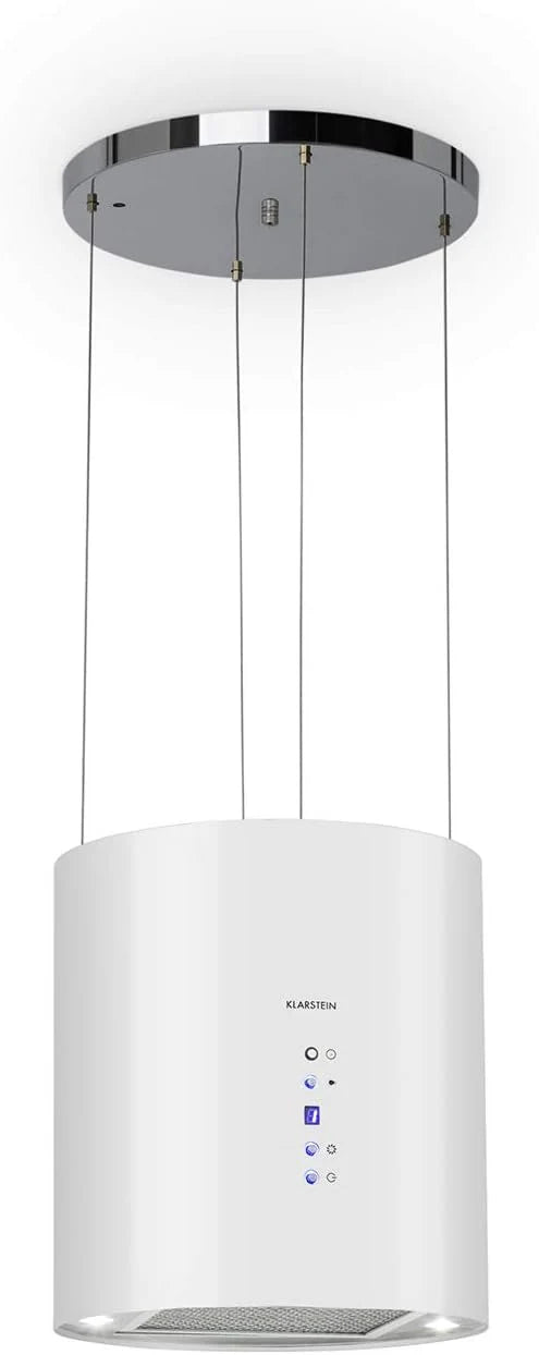Klarstein Barett - Wyspa kuchenna, Ø 35cm, Moc 190 W, Maks. przepływ powietrza 590 m³/h, 3 stopnie mocy, EEK B, Oświetlenie LED, Stal nierdzewna szczotkowana, Biały