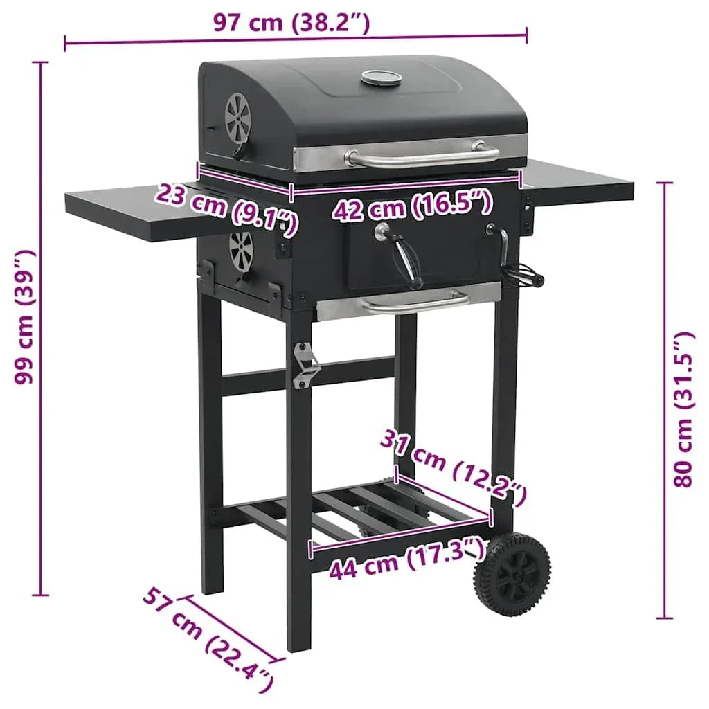 Czarny grill na węgiel drzewny Vidaxl z dolną półką