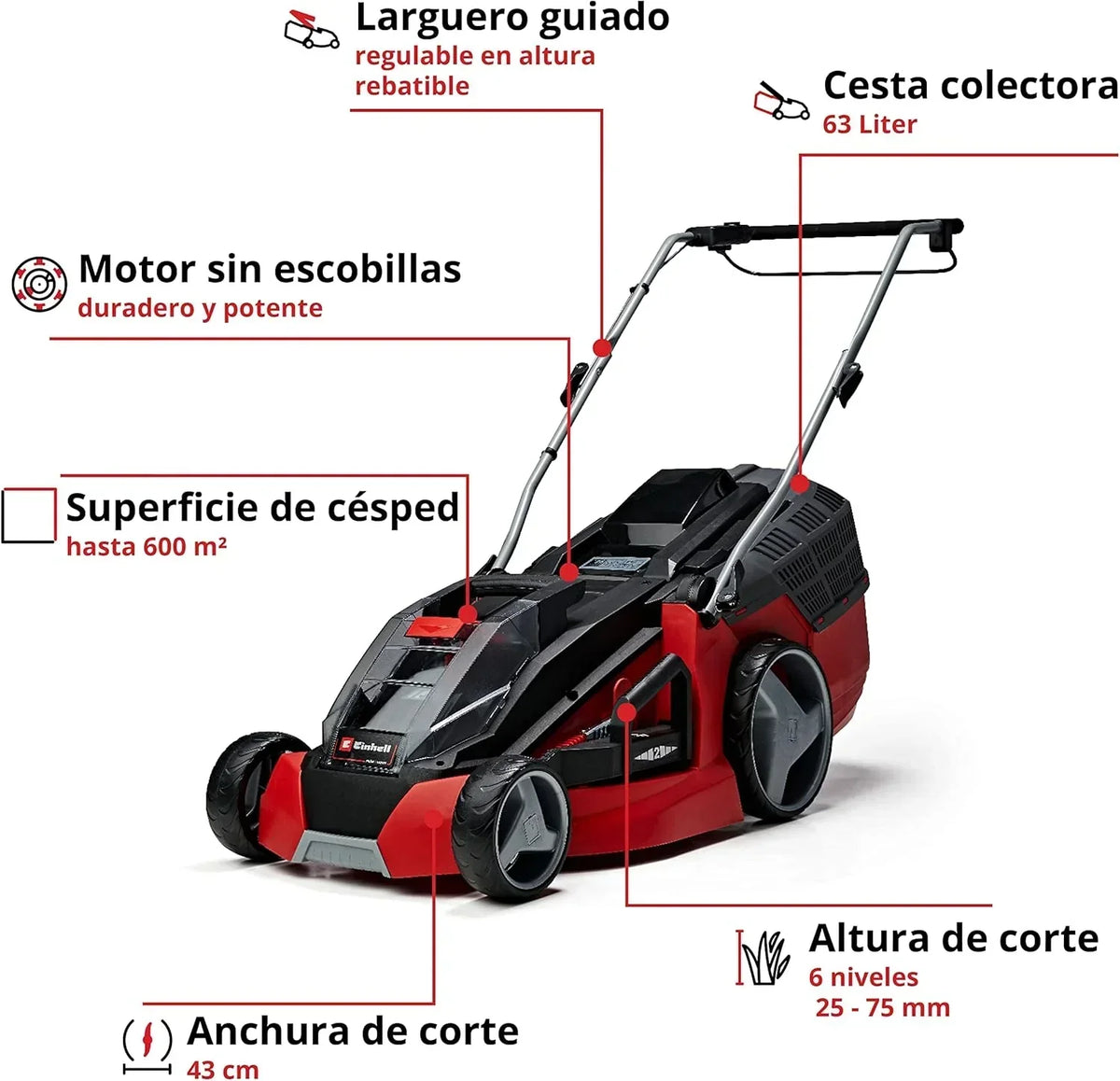 Kosiarka akumulatorowa Einhell GE-CM 43 Li M Kit Power X-Change (36 V, szerokość koszenia 43 cm, do 600 m², bezszczotkowa, funkcja mulczowania, kosz 63 l, z 2 akumulatorami 4,0 Ah i 2 ładowarkami)