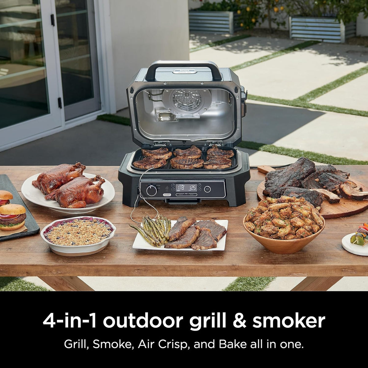 Ninja Woodfire Pro XL 4 w 1, grill i wędzarnia ogrodowa, termometr, główny grill 4 w 1, grill wędzarniczy, zewnętrzna frytkownica powietrzna, piekarnik, przenośny, grill elektryczny, ciemnoszary, model OG850