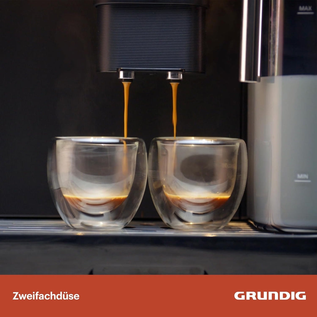 Grundig KVA 7230 ekspres do kawy, 10 specjałów do kawy, 13 stopni mielenia, pojemnik na mleko, wydajny 1350 W, ciśnienie pompy 19 bar, podwójna dysza, oświetlenie, czarny/ciemny srebrny