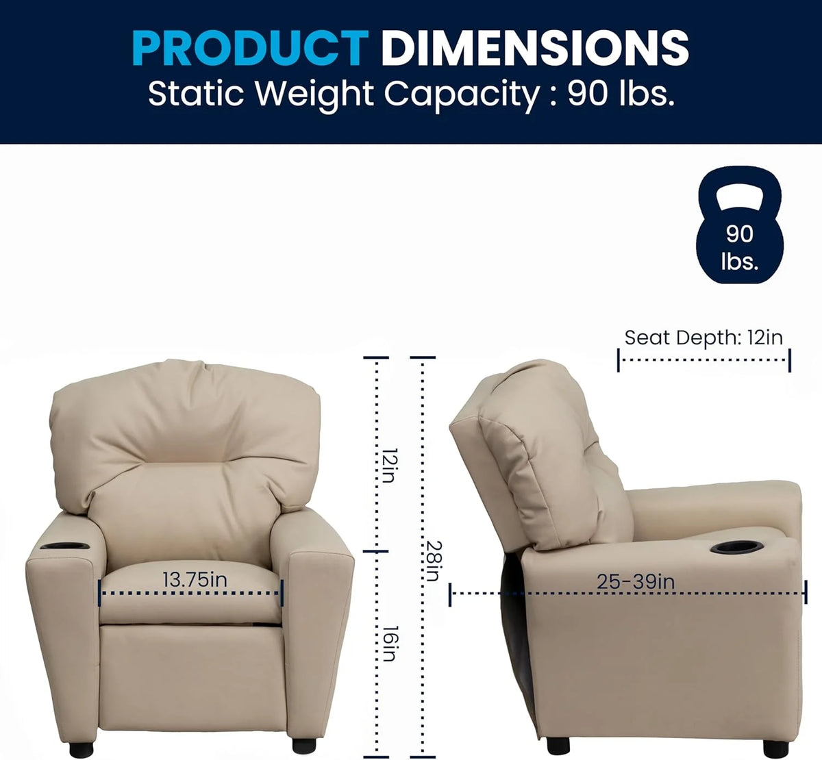 Flash Furniture Contemporary Kids Recliner with Cup Holder, Wood, Beige Vinyl, 26" x 21" x 21"