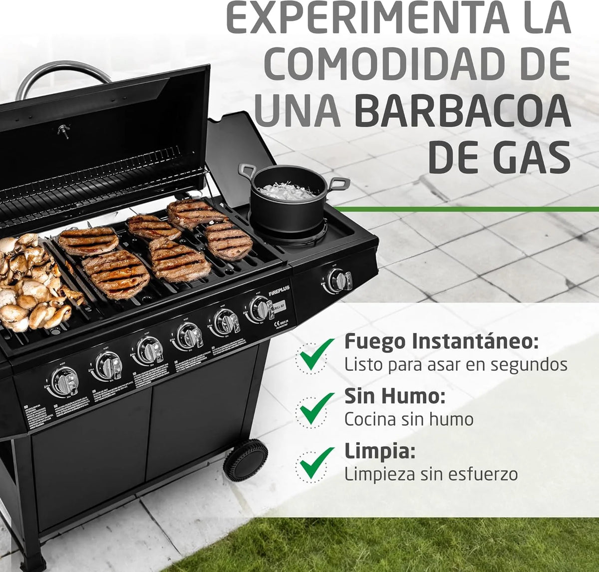 Grill gazowy Fireplus 6+1 12,9 kW – Stal nierdzewna Czarny – Grill na kółkach Model GRILL-6F – Grill XXL z wózkiem i termometrem – 138x52x103 cm – 7 palników i półka boczna