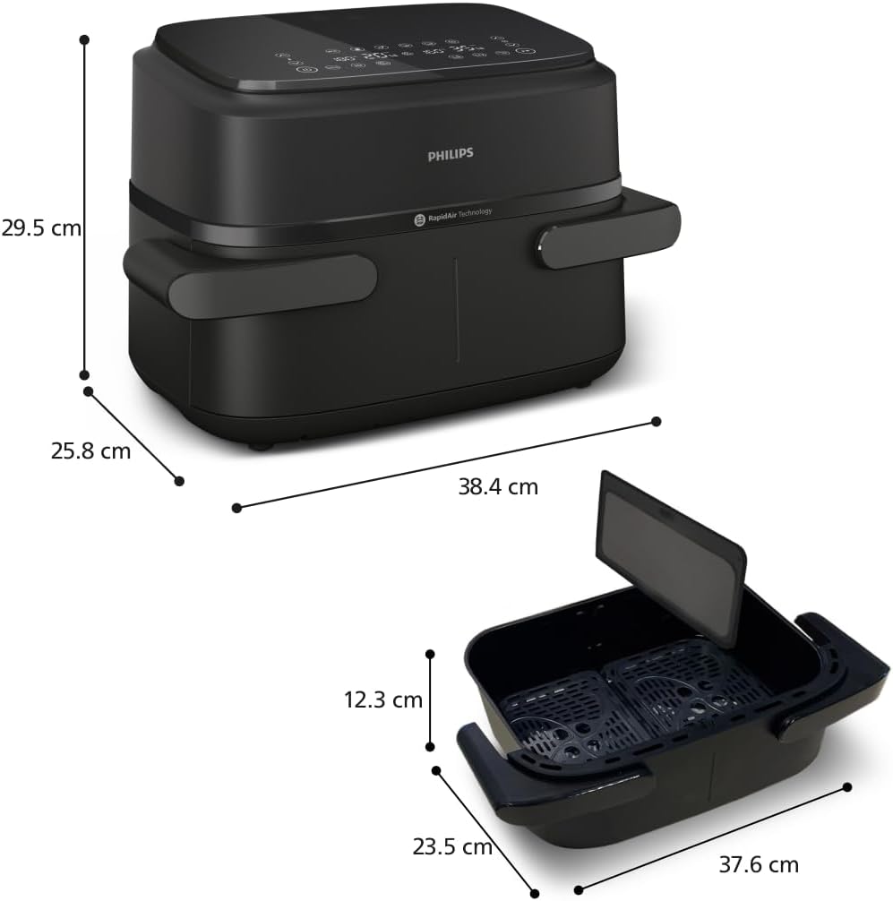 Philips Ovi Dual Basket z parą - Wyjątkowe funkcje gotowania Steamfry, Gotowania na parze, Airfry - 19 sposobów gotowania; pojemność 9L (3L + 6L), RapidAir Plus, automatyczne SteamClean (NA550/00)