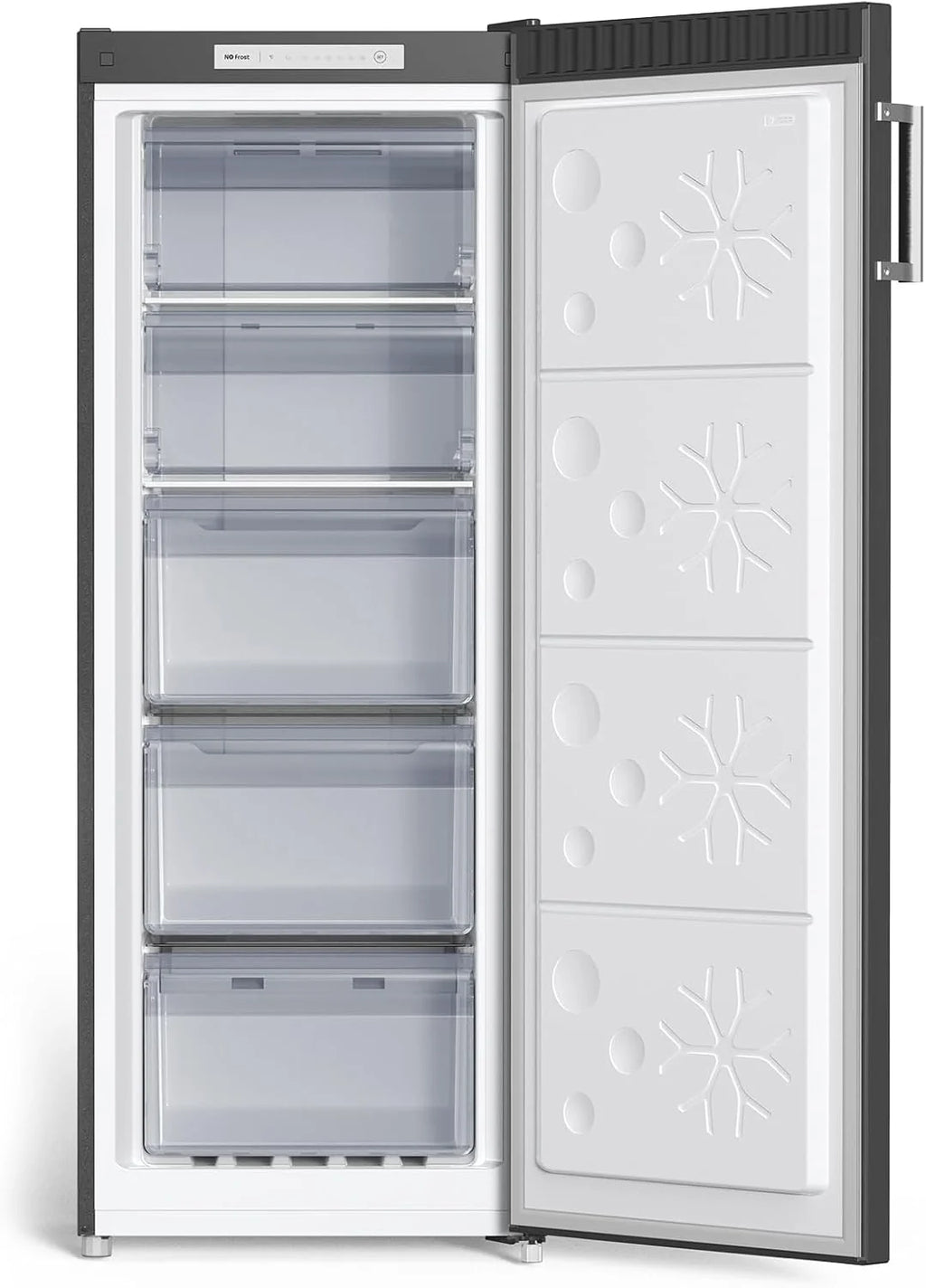 CHiQ Pionowa zamrażarka No Frost 166L, FSD166NE4E, szuflady XL, elektroniczna kontrola temperatury, odwracalne drzwi, cicha, pojemnik na lód, kolor czarny inox, klasa energetyczna E
