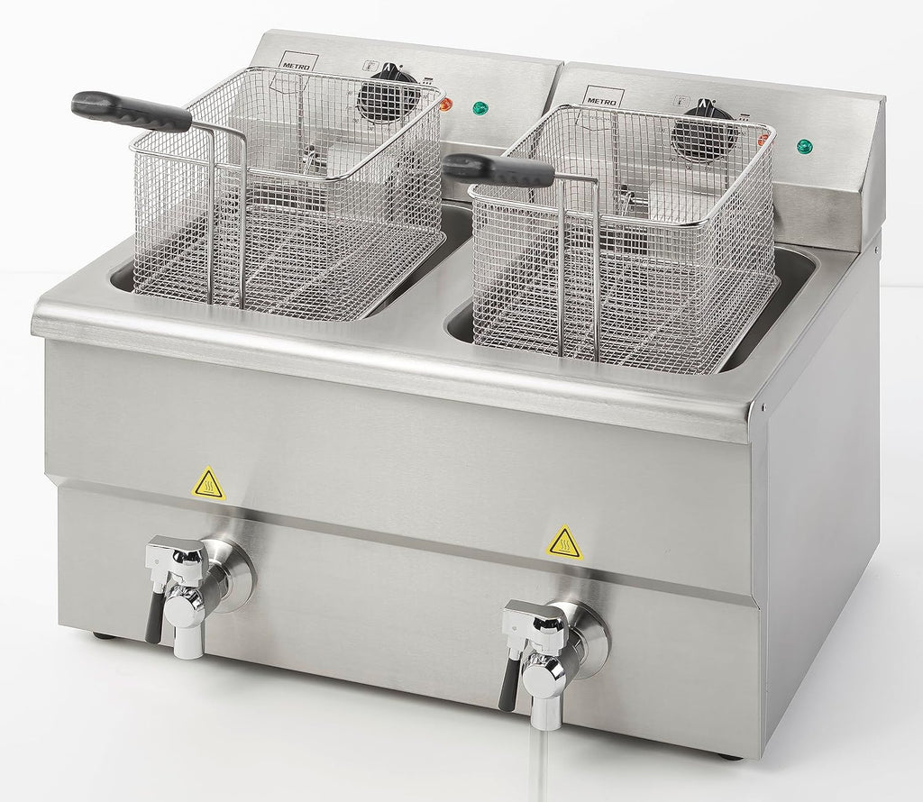 METRO Professional Frytkownica podwójna GDF5028, stal nierdzewna SS304, 2x 8 L, z kranem, regulatorem temperatury, strefą zimną, srebrna