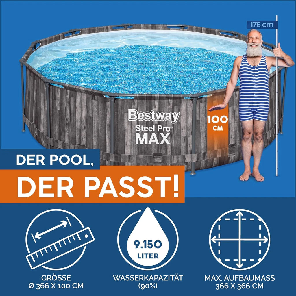 Bestway Steel Pro MAX Frame - Okrągły basen (366 x 100 cm, z pompą filtrującą, efekt drewna)
