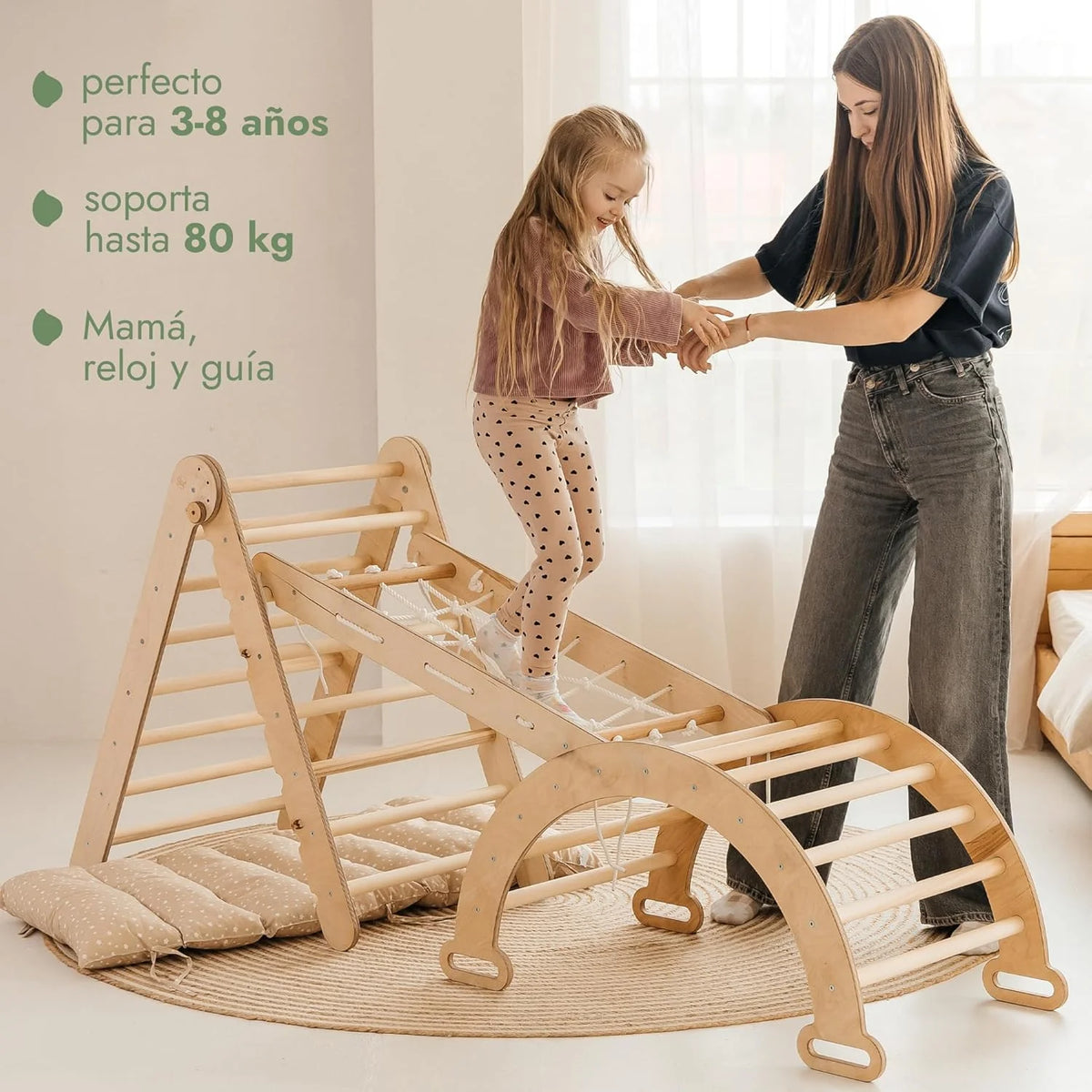5 w 1 Zestaw Wspinaczkowy Montessori do Pomieszczeń dla Małych Dzieci - Drewniana Siłownia dla Dzieci Trójkątna Drabinka & Łuk & Rampy Wspinaczkowe & Siatka & Poduszka - Drewniana Siłownia dla Małych Dzieci