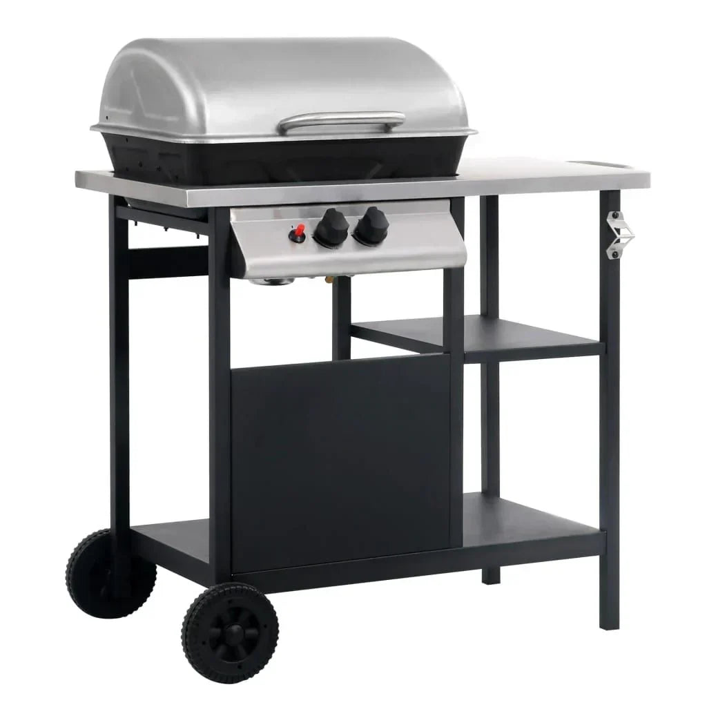 Przenośny Grill Gazowy Ze Stolikiem, 3 Półkami, Czarno-Srebrny, Vidaxl