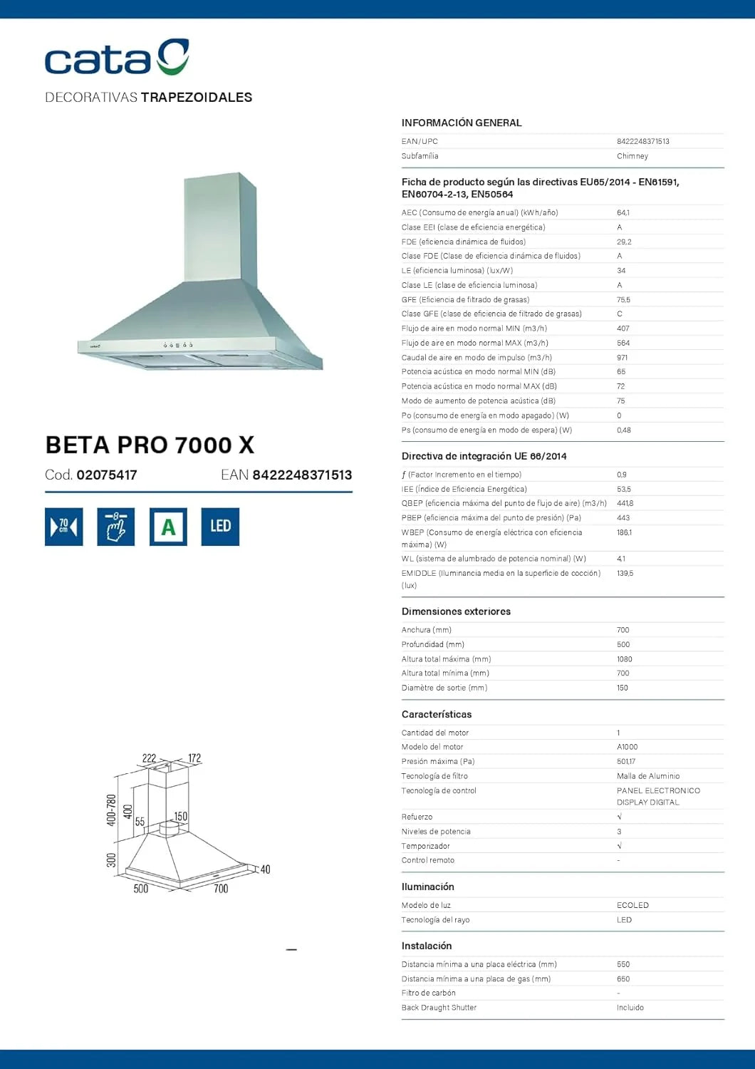 CATA Okap kuchenny BETA PRO 7000 X Sterowanie elektroniczne Timer 3 poziomy mocy wyciągu 1027 m3/h Poziom hałasu 64 dB Silnik A100 Pobór mocy 380 W Oświetlenie LED Kolor Inox
