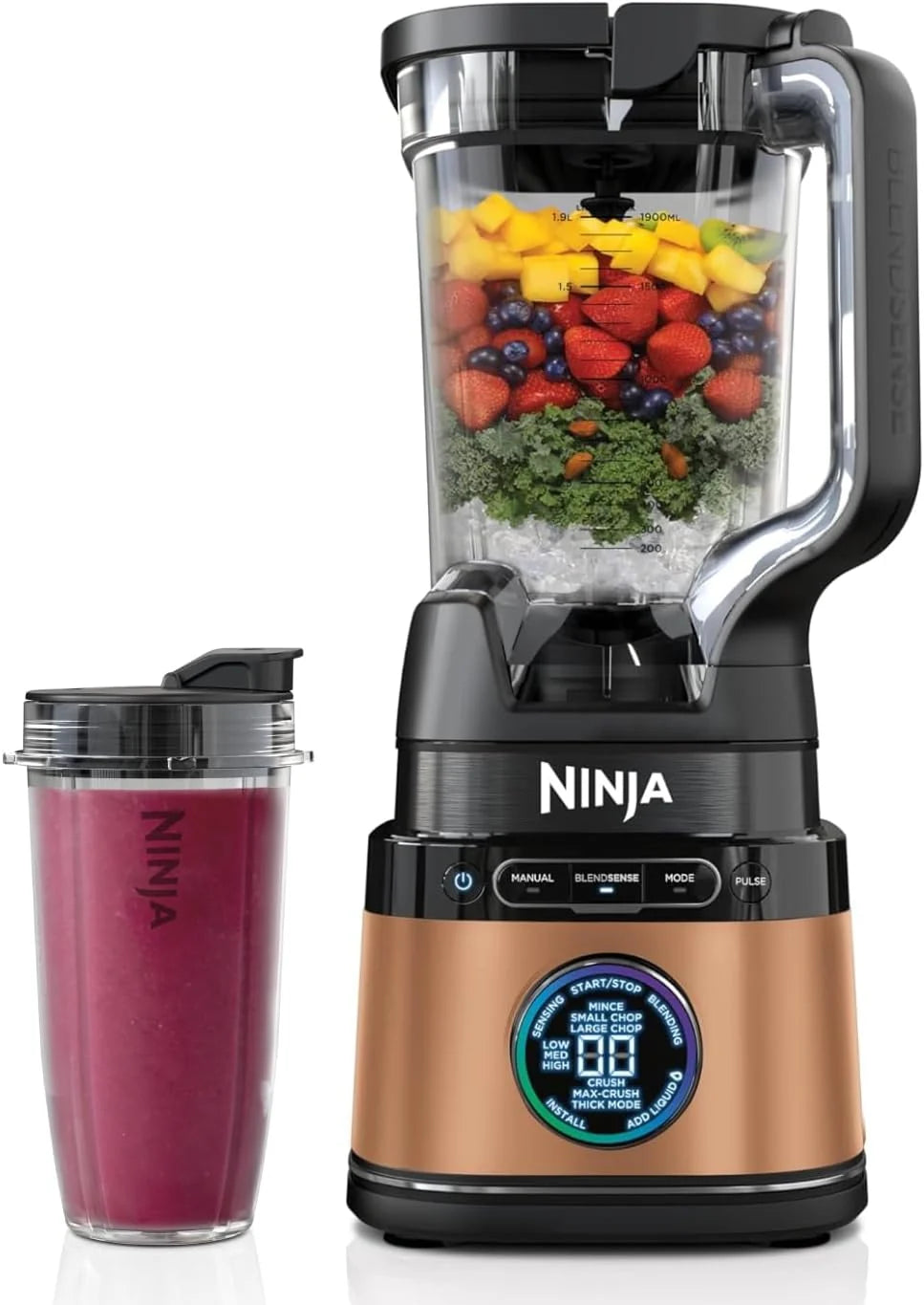 Ninja 2-in-1 Detect Power Blender Pro & Single Serve, 1200 W, dzbanek 2 l (maks. 900 ml), 1 kubek 680 ml, smoothie, rozdrabnianie warzyw i miksowanie mrożonych napojów, Czarno-miedziany, TB301EUCP