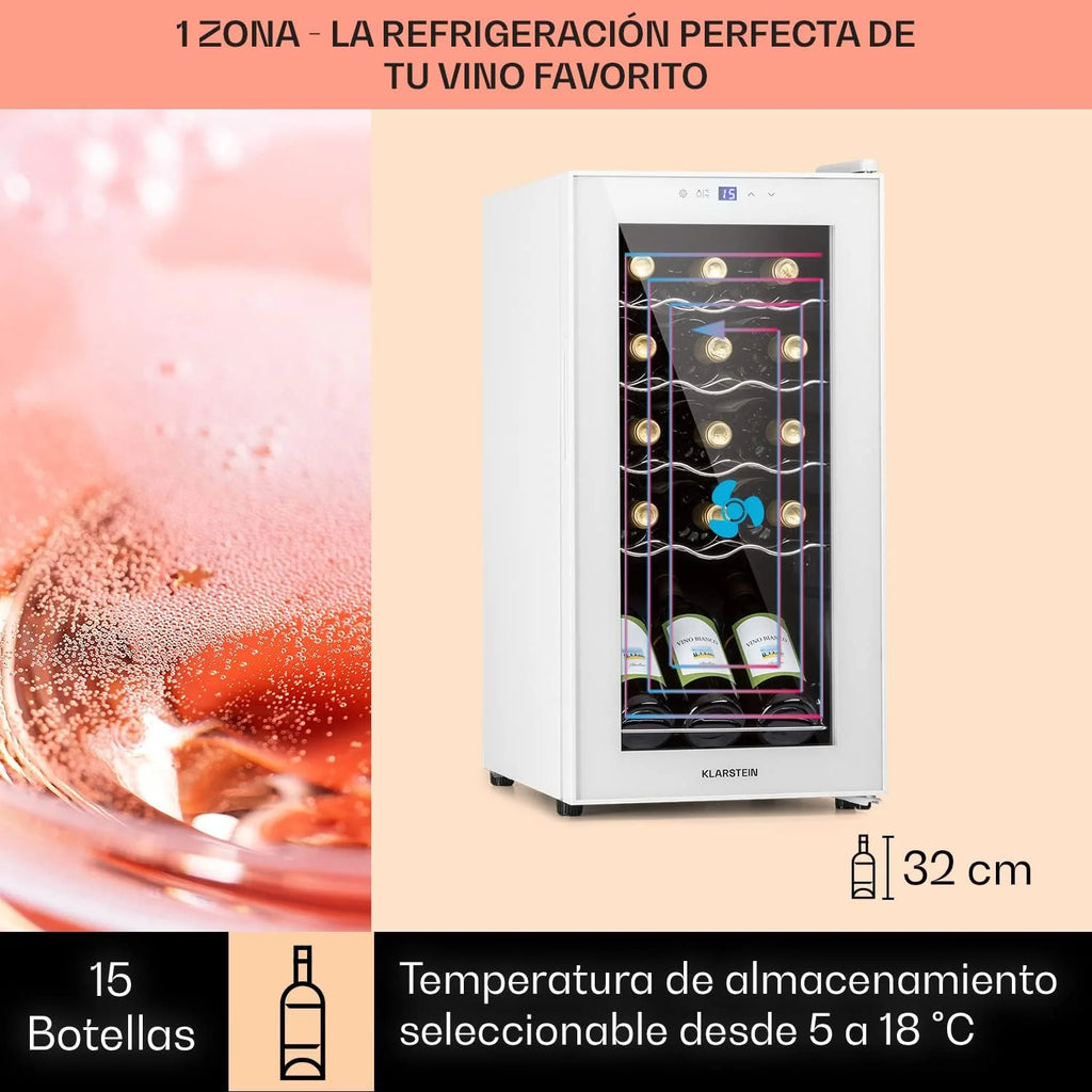 KLARSTEIN Vinoteca Chłodziarka na Wino 44L, Jedna Strefa Chłodzenia, na Butelki Wina, Prosecco i Piwa, Mała Chłodziarka na Wino z Drzwiami Szklanymi, do Użytku Wewnątrz i na Zewnątrz, Pojemność 15 Butelek