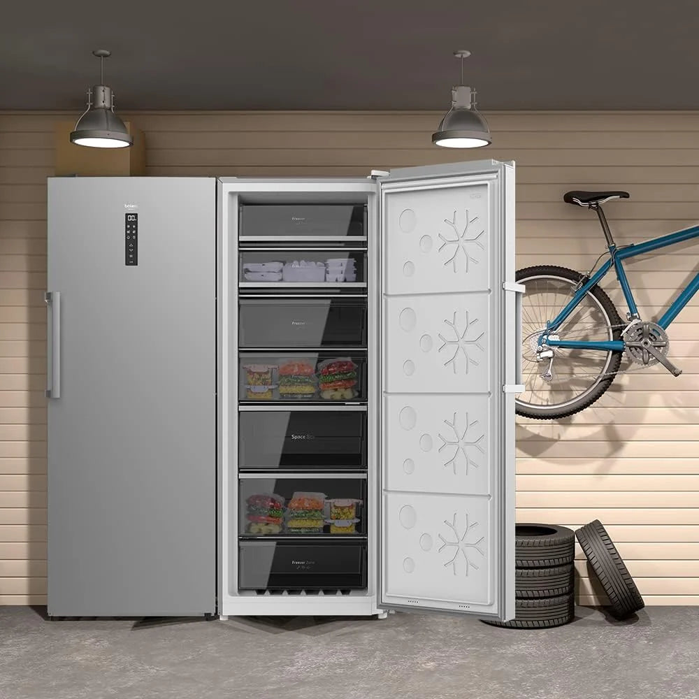 Cecotec Zamrażarka Pionowa 380L Bolero CoolMarket UF 380 Inox. Silnik Inverter Plus, Oszczędność Energii, Total No Frost, Wyświetlacz Sterowania, Możliwość Konwersji na Lodówkę, Stal Nierdzewna