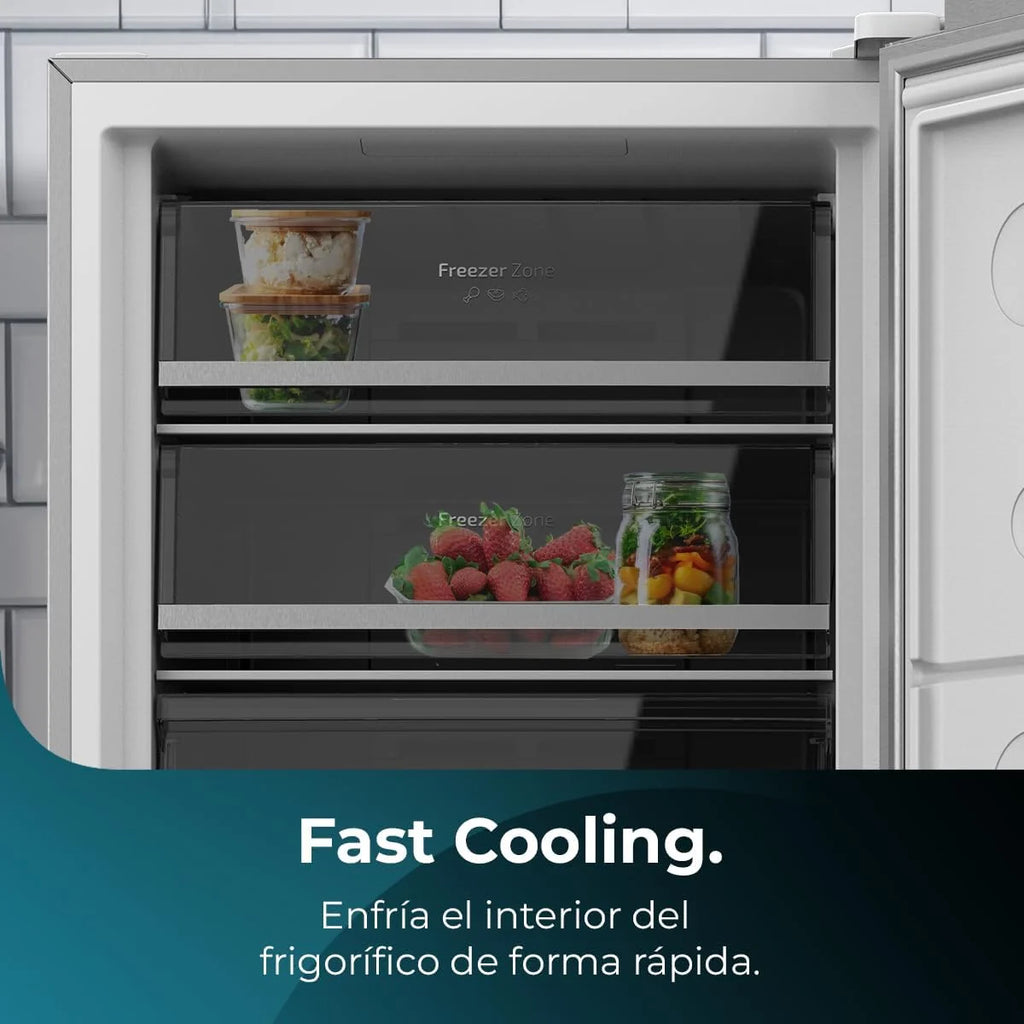 Cecotec Pionowa Zamrażarka Bolero CoolMarket UF 380 inox D. 380L, 1950W, Silnik Inverter Plus, Niskie Zużycie Energii, Total No Frost, Wyświetlacz w drzwiach, Możliwość Przekształcenia w Lodówkę, Multi Airflow