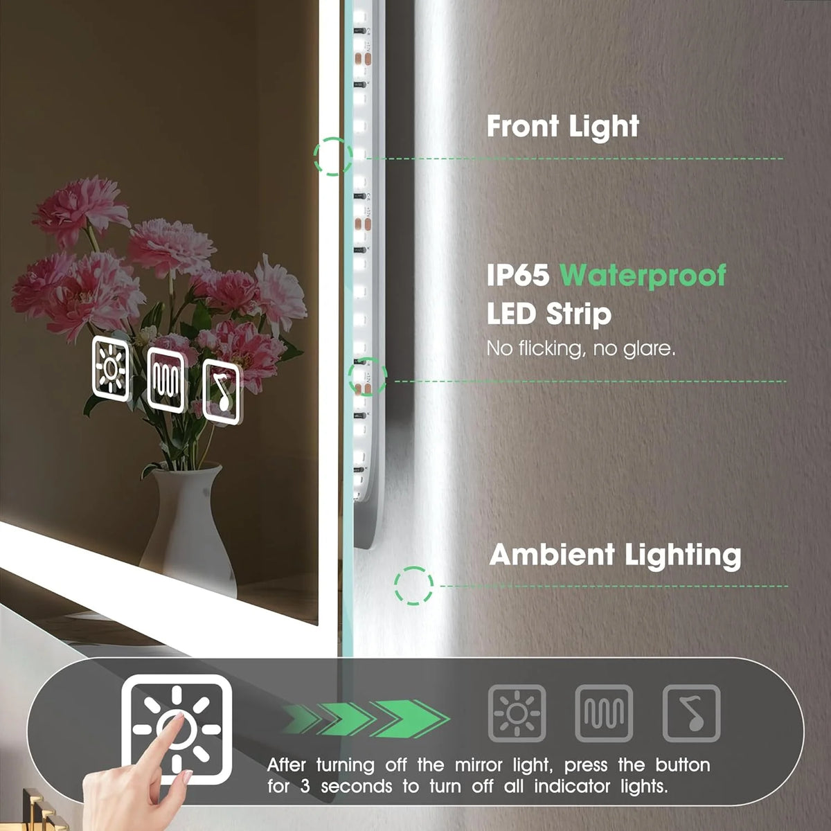 S'bagno Lustro Łazienkowe z Oświetleniem 120x70cm, Lustro LED Bluetooth z Funkcją Odmgławiania, 3000K/4000K/6500K, Ściemnialne, Pamięć, Szkło Hartowane HD, IP44-Lustra Łazienkowe LED, Poziomo/Pionowo