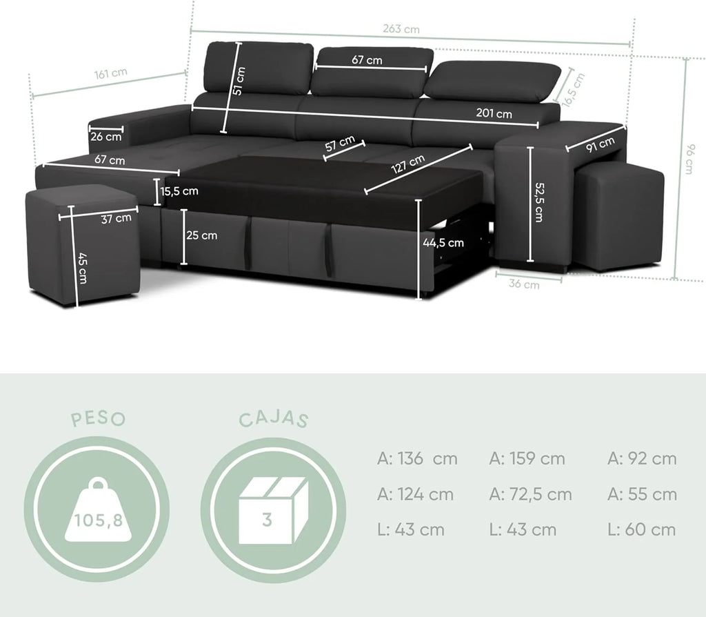 BUDWING John Narożna Sofa Rozkładana 4-osobowa - Odwracalny Szezlong, Regulowany Zagłówek i 2 Pufy – Tapicerka Poliuretanowa – Styl Nowoczesny – 263x161x96 cm – Czarna