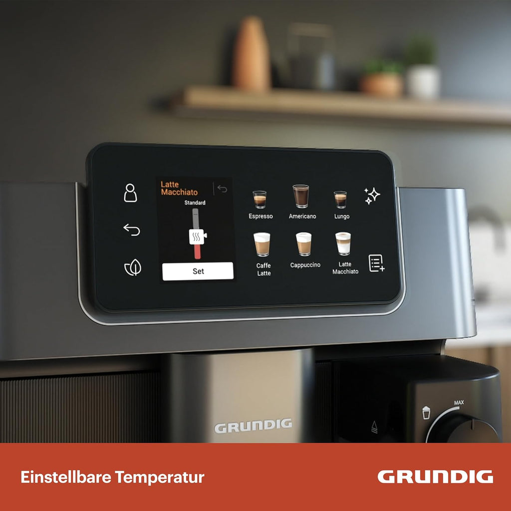 Grundig KVA 7230 ekspres do kawy, 10 specjałów do kawy, 13 stopni mielenia, pojemnik na mleko, wydajny 1350 W, ciśnienie pompy 19 bar, podwójna dysza, oświetlenie, czarny/ciemny srebrny