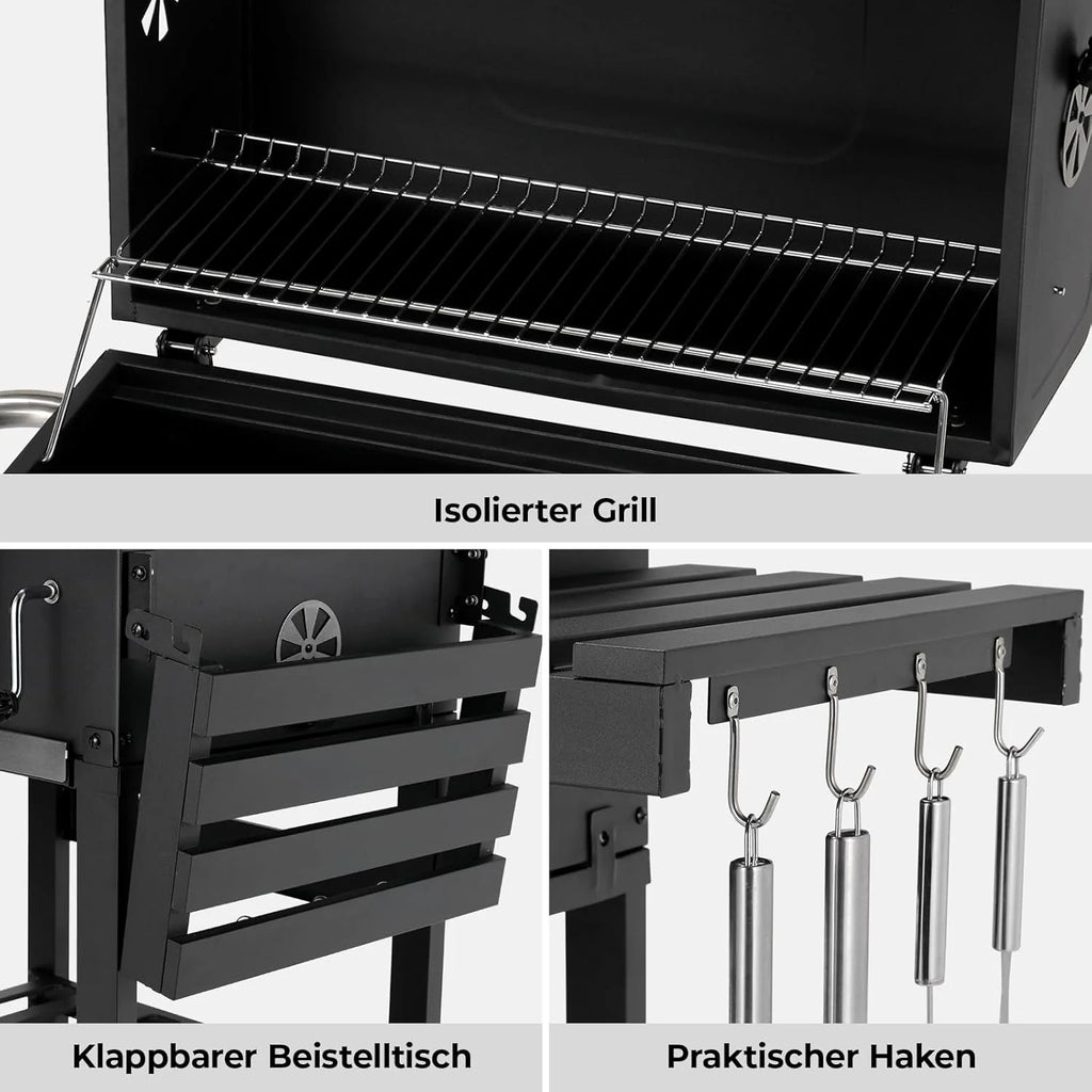 Grill Węglowy XXL, Grill Węglowy z Kominem i Pokrywą, Grill Wózkowy BBQ Smoker z Kółkami i Termometrem, Duży Grill Węglowy do Biwakowania i Ogrodu