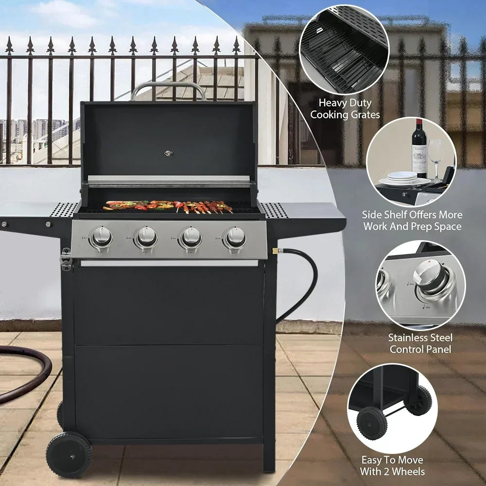 Grill gazowy SEGMART 4-palnikowy ze stali nierdzewnej 2026 – 34 200 BTU, grill ogrodowy/patio z dwoma składanymi półkami i termometrem, idealny na kemping i do gotowania na świeżym powietrzu