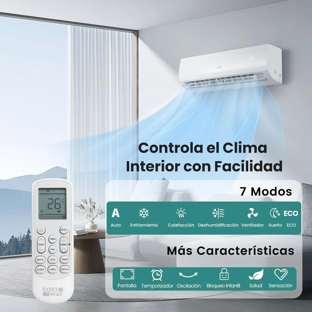 COSTWAY Klimatyzator Split, 2,6 kW, Klimatyzator z Funkcją Grzania z Pompą Ciepła, Czynnik Chłodniczy: R32, Ogrzewanie i Chłodzenie z Zestawem Instalacyjnym do Pomieszczeń do 70m³ (9000BTU)