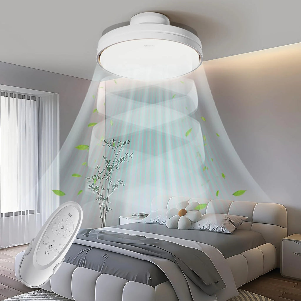 Cichy Wentylator Sufitowy Bezłopatkowy z Możliwością Przyciemniania Światła 60W, Silnik DC 30W, Światło CCT 3000-5700K, Lampa LED, Zdalne Sterowanie 6 Prędkościami, Timer, Funkcja Pamięci, Odpowiedni do Salonu Sypialni