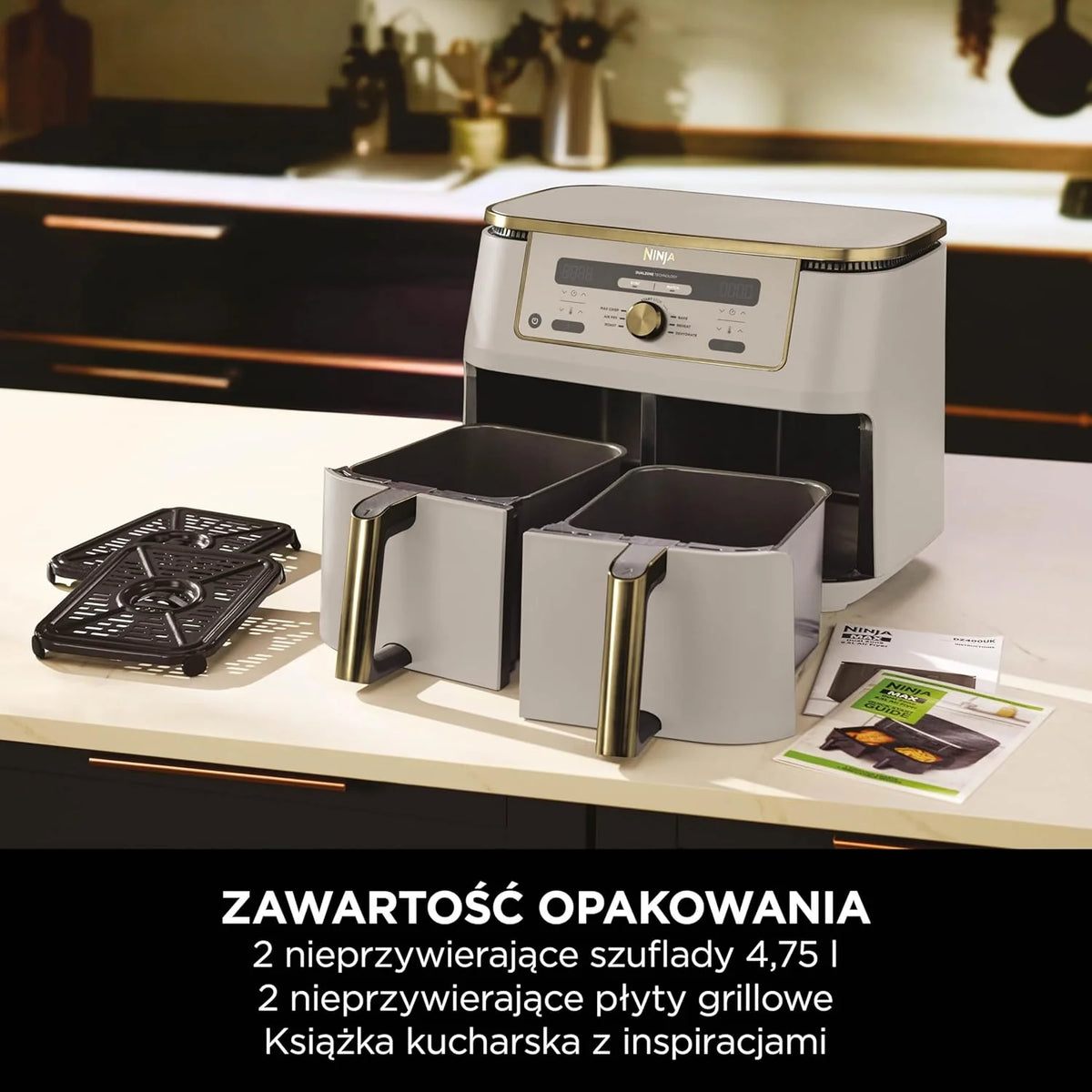 Ninja MAX Dwustrefowa frytownica, 2 szuflady, 9,5 l, zero oleju, Air Fry, Max Crisp, Roast, Bake, Reheat, Dehydrate, nieprzywierające kosze do mycia w zmywarce, Złoty odcień kamienia, DZ400EUSTGD