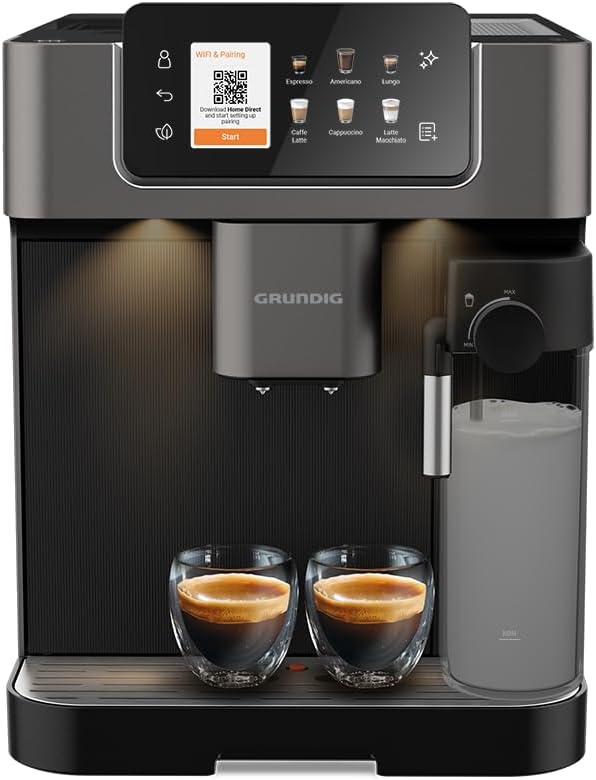 Grundig KVA 7230 ekspres do kawy, 10 specjałów do kawy, 13 stopni mielenia, pojemnik na mleko, wydajny 1350 W, ciśnienie pompy 19 bar, podwójna dysza, oświetlenie, czarny/ciemny srebrny
