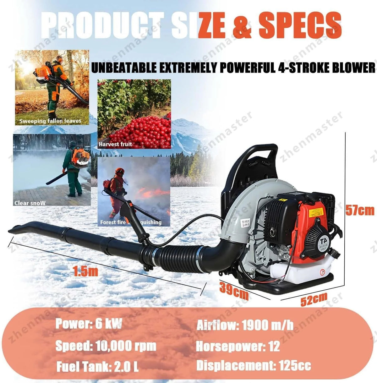 Dmuchawa Spalinowa 4-Suwowa Plecakowa 1000 cm³, Silnik 12 KM, Zbiornik 2.0L, 10000 RPM, Mocna i Cicha do Liści, Śniegu, Ogrodu, Podwórka oraz Profesjonalnego Użytku Domowego (Czerwona)